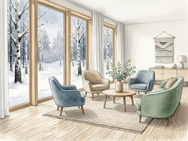 Illustration of a Swedish senior care home common room